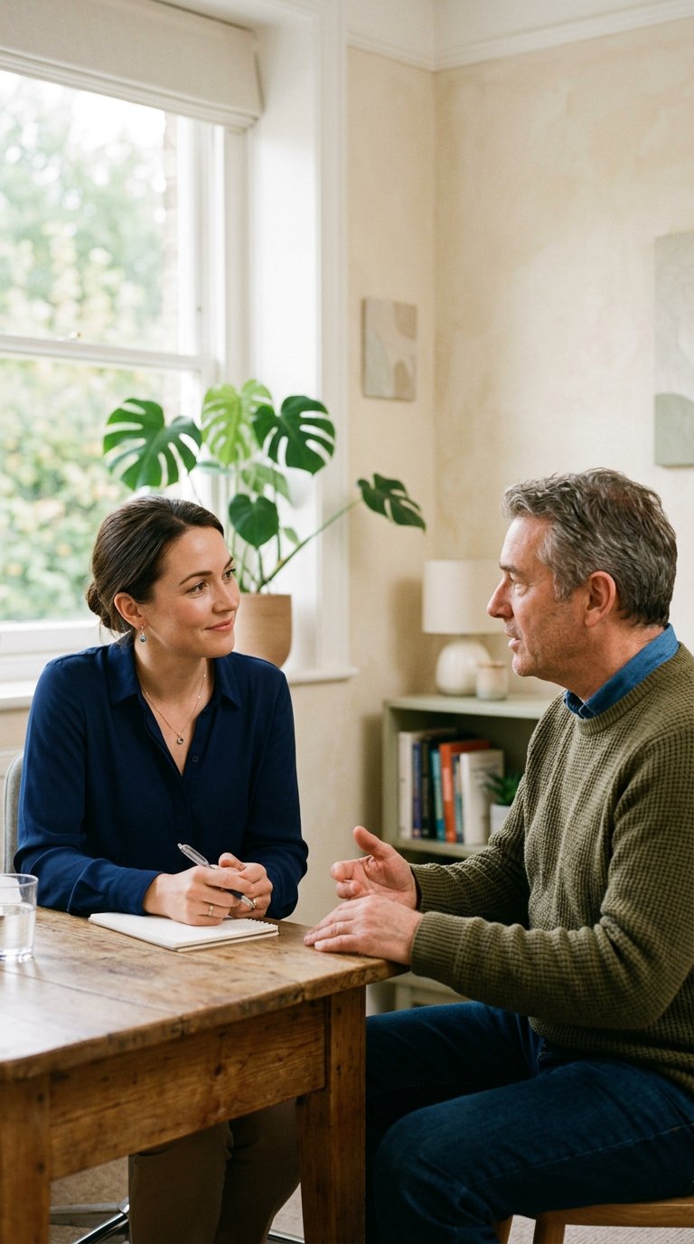 A clinician listening attentively to a patient