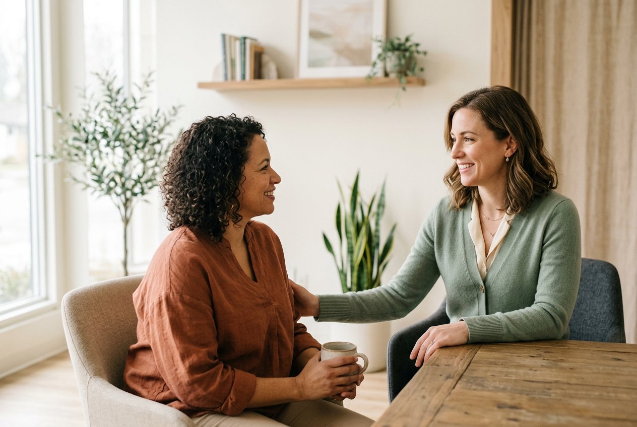 A clinician listening with care during a calm consultation